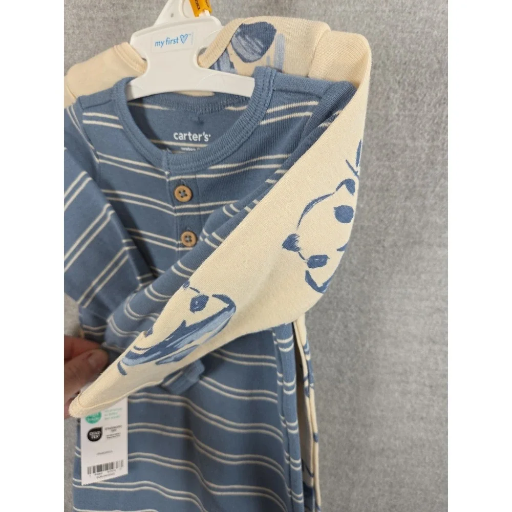Carters Newborn Baby Sleep Gown Set Panda Bears Blue Stripes Soft Comfort NEW